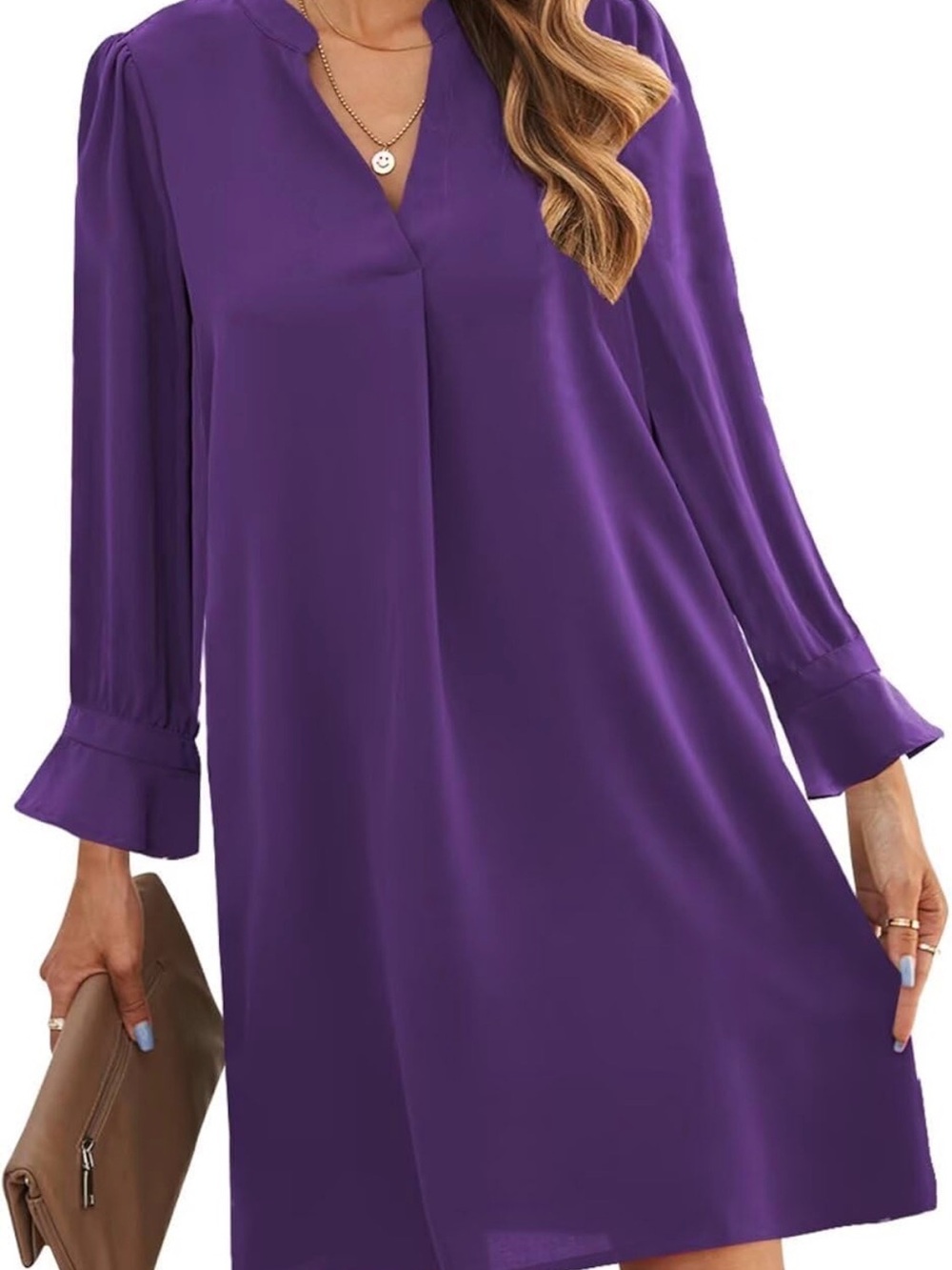 Elegant Purple V-Neck Long Sleeve Dress
